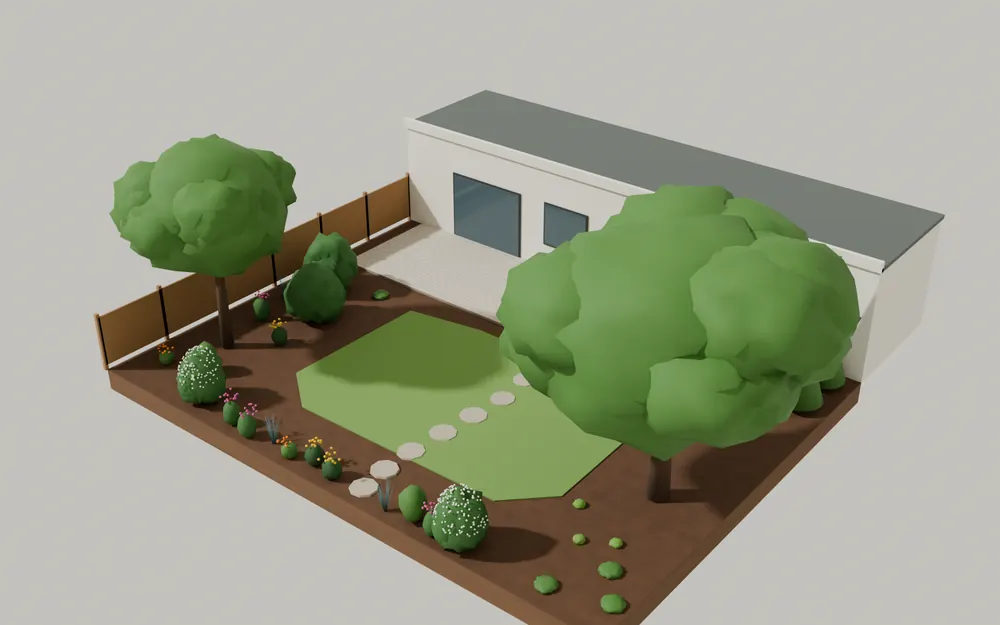Rendered sample garden in July, year 10: the same redbud, serviceberry, shrubs and border at that age.