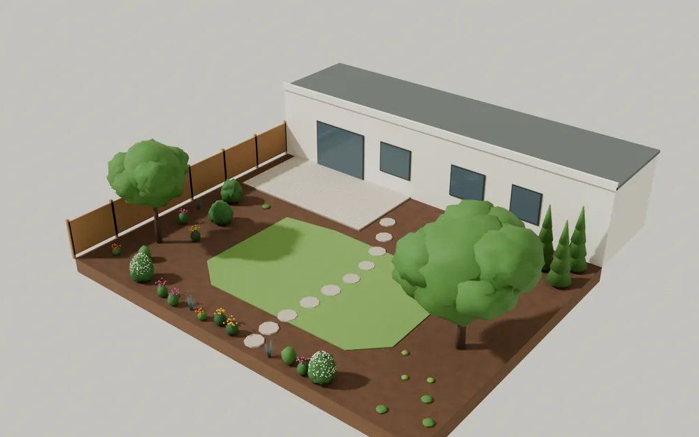 Rendered sample garden in July, year 3: the same redbud, serviceberry, shrubs and border at that age.