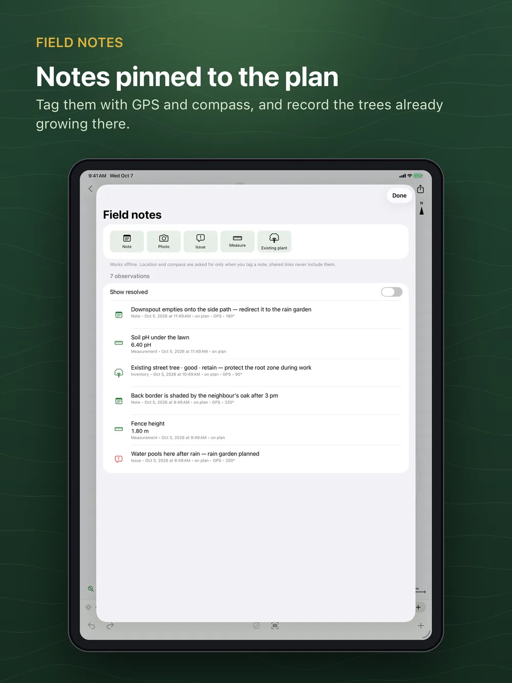 Field notes on iPad: notes, photos, issues and measurements pinned to the plan