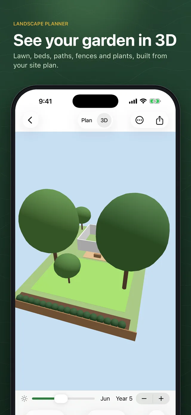 OpenLandscape3D on iPhone: a planted back garden in 3D with lawn, beds, a hedge and trees
