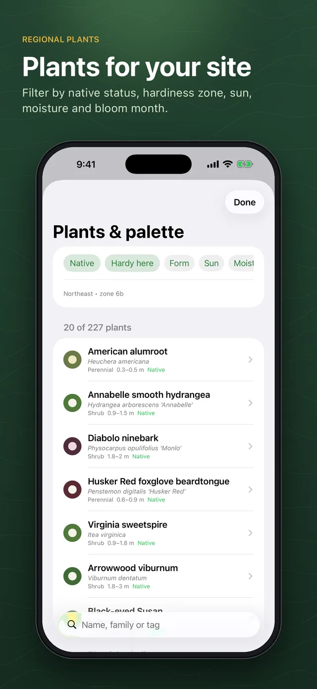 Plants & palette: the regional catalog filtered by native status, hardiness zone, form, sun and moisture
