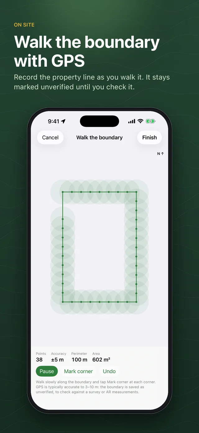 Walk the boundary: GPS points recorded along the property line with the accuracy shown