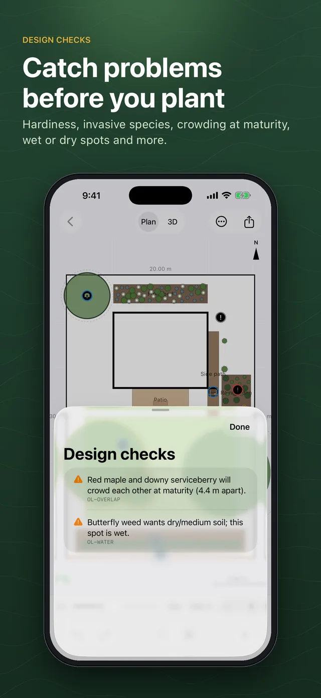 Design checks listing plants that will crowd each other at maturity and a wet-site mismatch