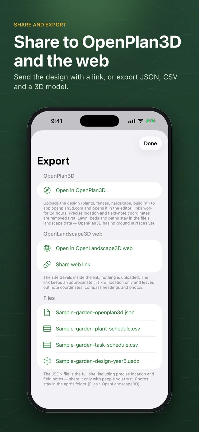 Export sheet: Open in OpenPlan3D, Open in OpenLandscape3D web, JSON, CSV schedules and a USDZ model