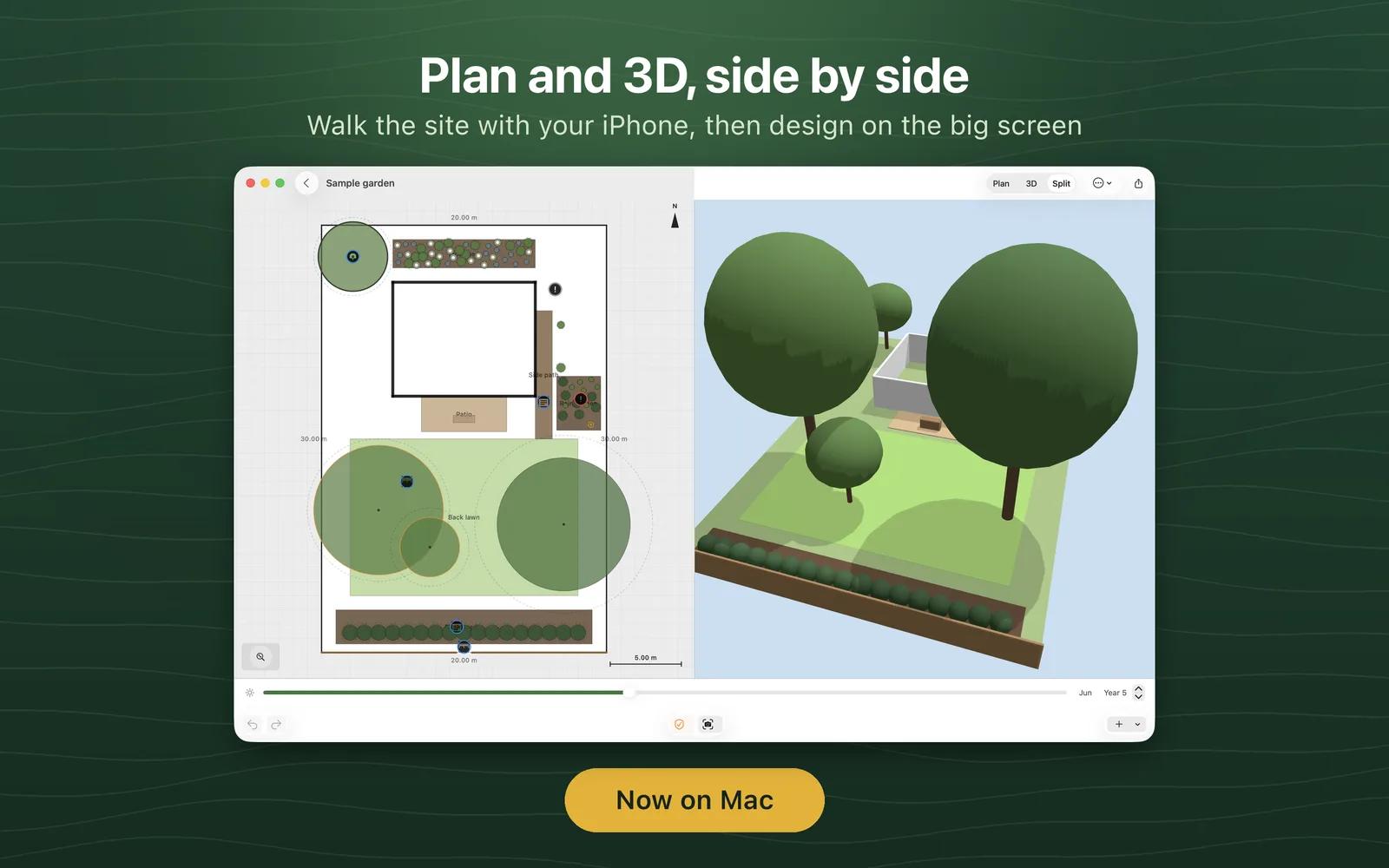 OpenLandscape3D on Mac showing plan and 3D side by side