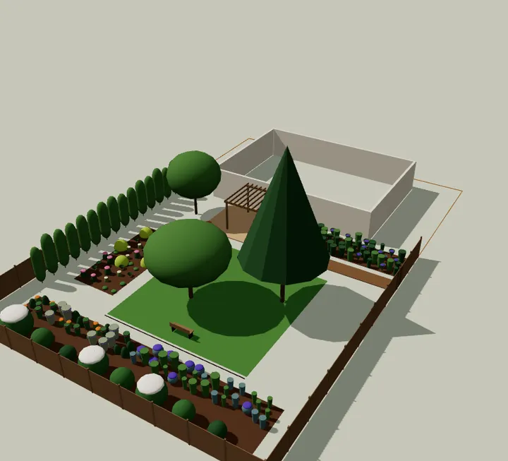 Northeast back yard sample in the OpenLandscape3D planner's 3D view, June, five years after planting