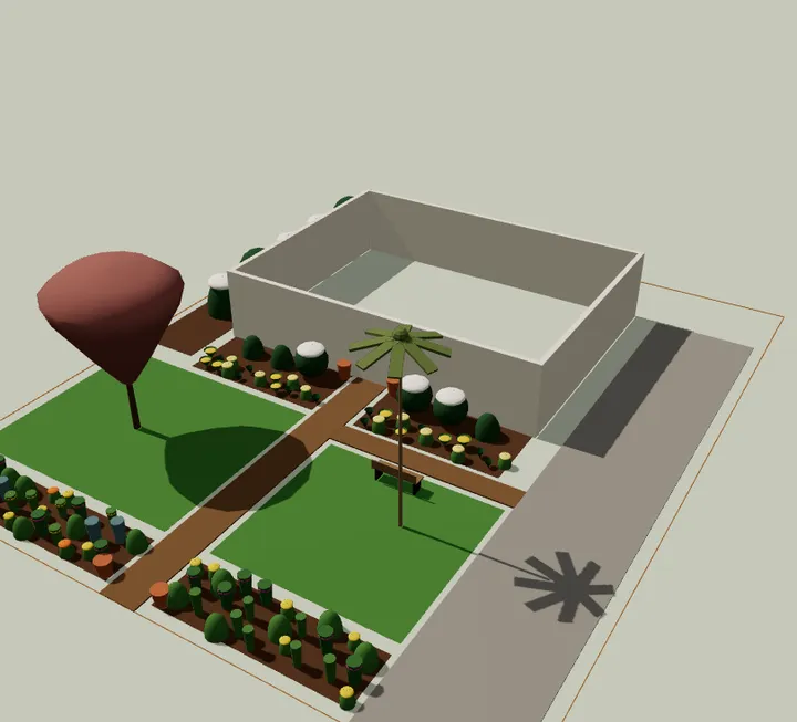 Southeast front yard sample in the OpenLandscape3D planner's 3D view, June, five years after planting
