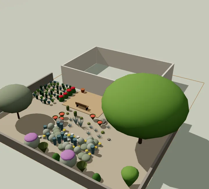 Southwest dry courtyard sample in the OpenLandscape3D planner's 3D view, June, five years after planting